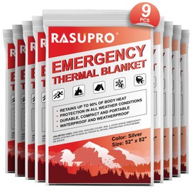Rasupro 9-Pack Emergency Blanket, Outdoor Survival Gear & Emergency Thermal Blanket, Emergency Mylar Thermal Blankets, Space Blanket Perfect for Outdoors, Hiking, Marathons, Camping Survival