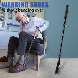 VIVEBEI Shoe Horn Long Handle, 16.9'' - 37.4'' Telescopic Metal Shoe Horn with Trouser Hook and Sock Removal Aid, Adjustable Long Shoehorn for Seniors Men Women Kids