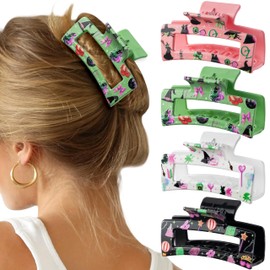 Laffact Magic Hair Grab Clips - 4Pcs Black Green Pink White Rectangular Witch Music and Musical Hair Claw, Magic Black Hat Oz Jaw Clips TV Movie Merchandise Jewelry Musical Fans Gift for Women Girls