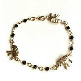 18K Gold Plated 3 Elephant Black Crystal Bracelet 7,5" Long/PULSERA DE 3 Elefante Y Negro Crystal para Buena Suerte 7,5" Largo