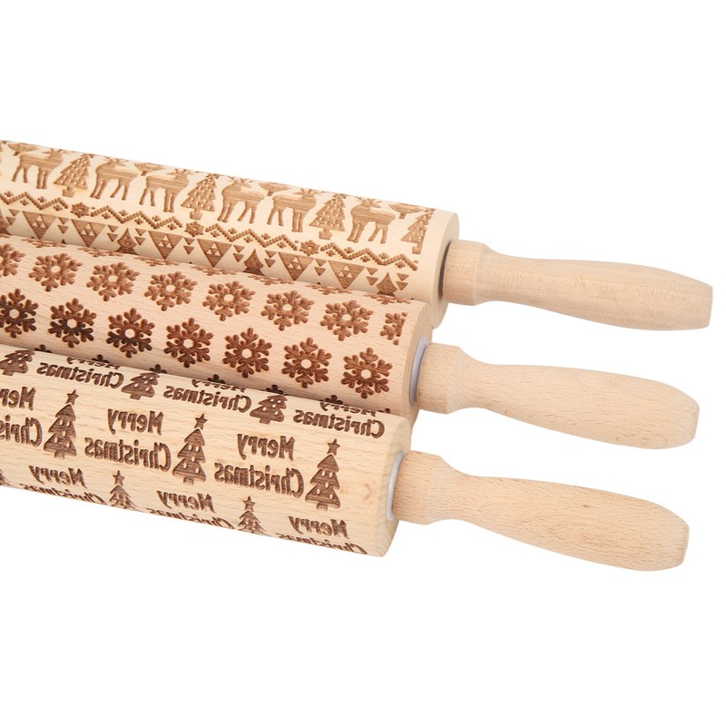 3Pcs Wooden Embossed Rolling Pin Cute Christmas Pattern Engraved Embossing