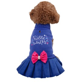 CuteBone Bordado Hello Winter Knit Dog Sweater Dress Ropa térmica para Perros Con Bowtie Pullover Mascota Abrigo de Invierno Ropa para Gatos Suéter para Cachorros DS52XL-DE