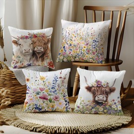 LANBEIDE Highland Cow Flowers Cushion Cover, Set of 4 Highland Cow Flowers Pillow Cover Scottish Present Animal Floral Spring Outdoor Throw Pillow Case Home Farmhouse Garden Decor18'x18'(45x45cm)