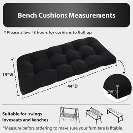 HOMELYSIAN Tufted Bench Cushions for Outdoor Furniture, 44" x 19" Porch Swing Cushions Filled with Foam, Overstuffed Patio Cushions for Bench Loveseat with 2-3 Seats,Thick and Water Resistant, Black