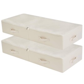 iwill CREATE PRO Pack of 2, 39.4" Large Size Folding Underbed Storage Organizer Boxes with Lid, Folding & Washable, 6 Handles on All Sides, Beige