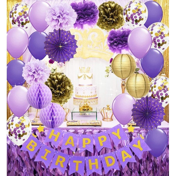 Purple Gold Birthday Decorations for Woman Happy Birthday Banner Purple Gold Confetti Balloons Polka Dot Paper Fans for Women/Girl Purple Gold Birthday Photo Backdrop Purple Birthday Party Decorations