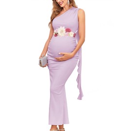 AISWI One Shouler Maternity Mermaid Dress with Flowing Ruffle Tassel Bodycon Pregnancy Dresses Baby Shower, Without Belt, Purple, Large