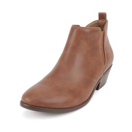 Soda “CHARMER” ~ Women Pointed Toe Elastic Gore Low Heel Ankle Bootie with Zipper Closure (Cognac Pu, us_footwear_size_system, adult, women, numeric, medium, 11)