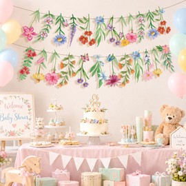 2Pcs Spring Wildflower Party Hanging Decorations, Watercolor Floral Banners Spring Wildflower Cutouts Garland Backdrop for Spring Summer Girls Garden Birthday Wedding Party Decor Supplies, 9.8Ft