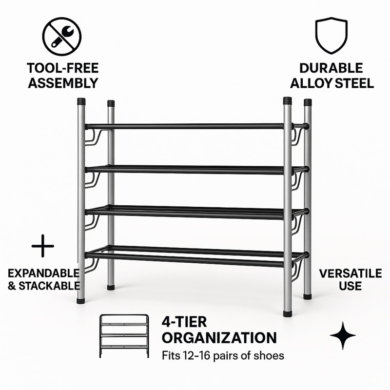USTECH 4-Tier Expandable Shoe Rack Adjustable & Stackable Metal Shoe