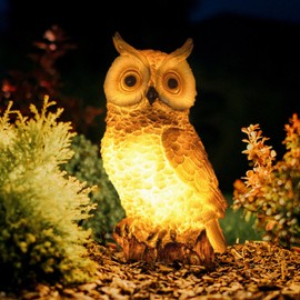 WONDHOME Solar Owl Garden Statues Outdoor Decor Resin Owl Figurine with LED Lights Owl Sculpture for Porch Patio Lawn Yard Decorations Christmas Housewarming Gifts for Women Mom,Brown Owl
