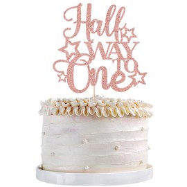 Qertesl Half Way To One - Decoración para tartas, es mi cumpleaños de 1/2, accesorio para fotos de 6 meses, suministros de decoración para fiestas de cumpleaños para niños de 6 meses (oro rosa)