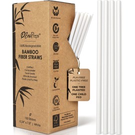 EcoPreps Biodegradable Bamboo Fiber Straws | 150 Count, 100% Compostable, Plastic-Free, Eco-Friendly Drinking Straw | 7.8'' Plant Fiber Disposable Straws, White Straw | Durable for Warm & Cold Drinks