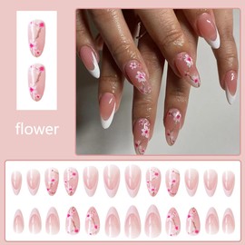 24Pcs Flower Press on Nails Almond French Tip Fake Nails with Peach Blossom Designs Pink Flowers Glue on Nails Medium False Nails Kit Full Cover Floral Acrylic Nail Decoration for Women