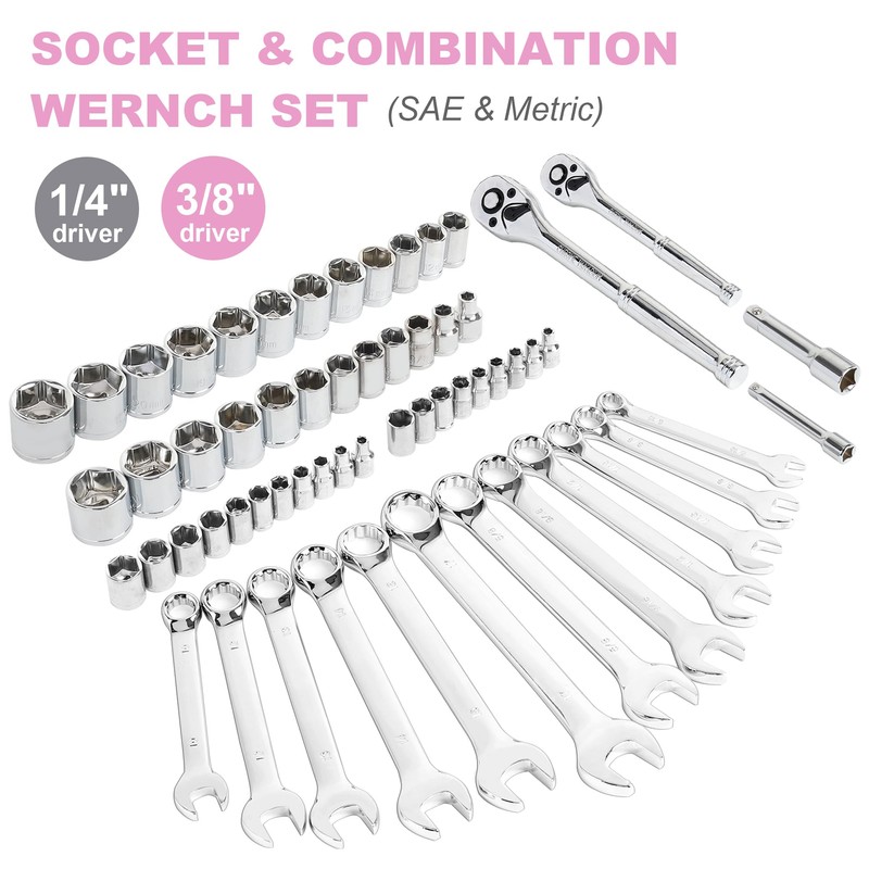 FASTPRO 225-Piece Pink Tool Set, SAE & Metric Mechanics Hand