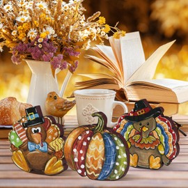 Smile 3 Pcs Wooden Blocks Pumpkin Turkey Signs, Thanksgiving Decor Indoor, Table Tiered Tray Kitchen Decorations