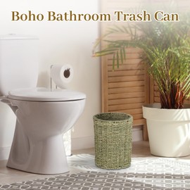 hardcometrue Boho Wicker Trash Can with Lid,Waterproof Bathroom Trash Can Hand Woven Wicker Waste Baskets for Kitchen Office Bedroom