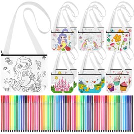 Aliceset 12 Sets Coloring DIY Bags with 60 Colored Markers Coloring Crossbody Bags for Girls Kids Reusable Canvas Pouch DIY Painting Art Crafts Birthday Party Favors