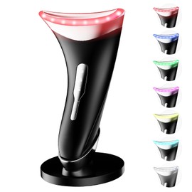 Dopsikn 7 Color Light Therapy Facial Massager with Adjustable Vibration and Thermals for Wrinkles, Double Chin, Red Light Skin Care Tool with Base, Black