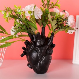 ecorative Heart Vase, Resin Vase Flower Pot - Anatomical Heart Shaped Desktop Decoration Ornament Craft for Farmhouse Living Room Bedroom Countertop (Black,S)