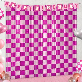 Preppy Birthday Party Streamers Backdrops Decorations, 2 Pcs Pink Checkered Foil Fringe Curtain Photo Booth Props for Girls Race Car Smiley Face Baby Shower Party Decor Supplies