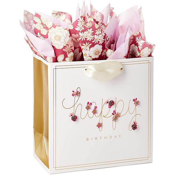 Hallmark Signature 7" Medium Birthday Gift Bag with Tissue Paper (Pink Flowers)