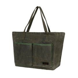 Kaaltisy Foldable 16 oz Oilcloth Shopping Bag - Reusable Tote Bag with Zip Pocket & Compartments, Canvas Bag for Shopping and Daily Use, Army Green