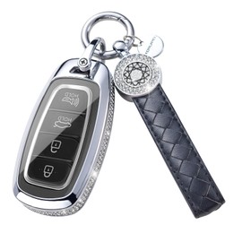 SHANGHONG - Funda para llavero con llavero de piel auténtica compatible con Hyundai Sonata Santa fe Tucson 2022 2021 2020 (modelo 2, negro)