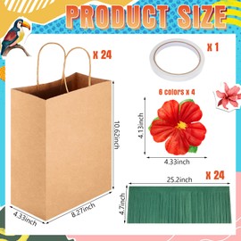 Suncalla 24 Sets Hawaiian Party Gift Bags with Hibiscus Flower and Grass Skirt, Luau Paper Bags with Handles Tropical Party Supplies for Wedding Summer Beach Bridesmaids Bachelorette(Brown)