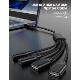 USB Splitter Cable 1 in 4 Out, 2 USB A & 2 USB C Multiport Extender Hub 1FT