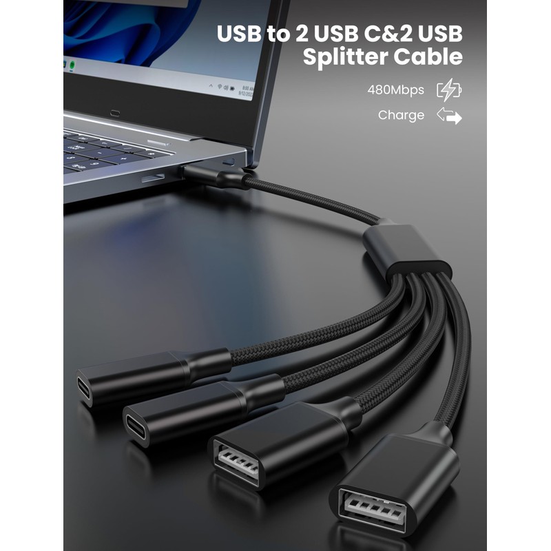 USB Splitter Cable 1 in 4 Out, 2 USB A