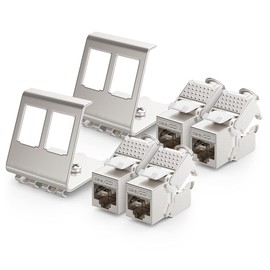 deleyCON 4 x CAT6a Keystone Jack Module with 2 x 2-Port DIN Rail Adapter as Set Metal STP Shielding RJ45 Socket 10 Gbps Network Snap-in Mounting for 35 mm DIN Rails