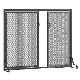 Kingson 37.8x30.7 in Fireplace Screen with Doors, 2-Pannel Handcrafted Solid Wrought Iron Decorative Mesh Classic Fire Spark Guard-Black