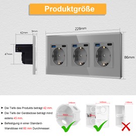 CNBINGO Triple Socket with 6 x USB Ports (20 W Quick Charging), 3 x (Type C and USB-A), Triple Glass Schuko Socket, Flush-Mounted, Grey Wall Socket with Child Lock