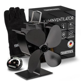 FALKENWERK Stove Fan without Electricity, Quiet Fireplace Fan with 4 Blades, Efficient and Heat-Powered Fan for Fireplace, Oven Fan for Heat Distribution, Glove and Thermometer