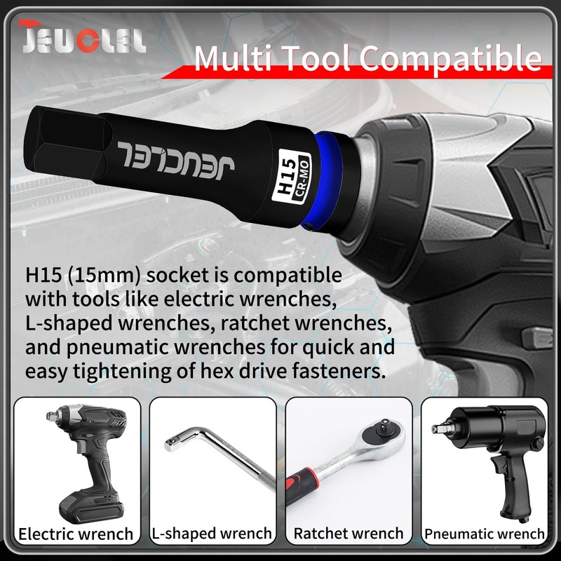 JEUCLEL 15mm Hex Impact Bit Socket, H15 1/2-Inch Impact Drive