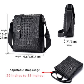 LUKZIJAES Genuine Leather Flap Mens Shoulder Bags Vintage Crocodile Embossed Messenger Bag for Men Crossbody Adjustable Shoulders Sling for Travel Work Business Handbag (2#-Black)