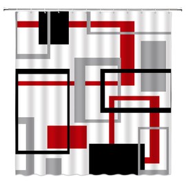 Red Black Gray White Shower Curtain Geometric Modern Abstract Square Line Bathroom Home Curtain Decor with Hooks,70" Wx70 H