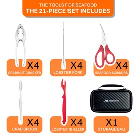 Crab Crackers and Tools，21-piece Seafood Tools Set includes 4 Crab Crackers, 4 Lobster Shellers, 4 Lobster Forks/Picks, 4 Crab Forks/Spoons and 4 Seafood Scissors in 1 Storage Bag - Nut Cracker Set