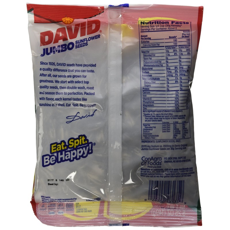 David Sunflower Jumbo Seeds Reduced Sodium 5.25 Ounce (Pack of