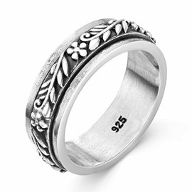 MATERIA by Matthias Wagner SR-63 Anti-Stress Spinning Ring Silver 925 Rotating with Flowers, Sterling Silver