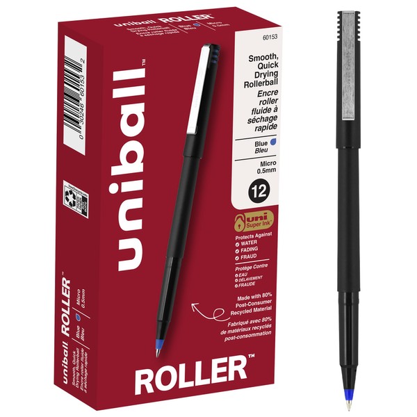 Uni-Ball uni Roller Ball Stick Pens, 0.5 mm Micro Tip,