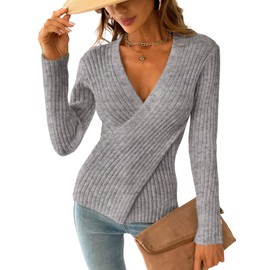 CUPSHE Womens Jumper Long Sleeve V Neck Casual Ribbed Knit Wrap Sweater Top for Autumn Winter Grey M