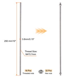 sourcing map 16 Pack 8/32 Inch M4 Threaded Rods Studs with Hex Nuts, 16 Pcs M4 Stainless Steel Fully Threads Studs Rods, 32 Pcs Fully Threaded Hex Nuts for DIY Beaded Garden Stakes (10 Inch)