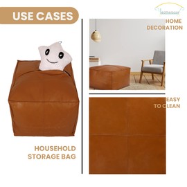 LEATHEROOZE Stuffed Square Pouf, Footstool, Upholstered in Brown Leather, for The Living Room, Bedroom and Kids Room, Transitional, Modern 16x20x20 inches