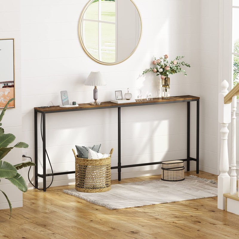 SUPERJARE 70 Inch Console Table with Outlet, Sofa Table with