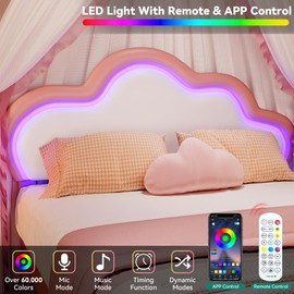 YITAHOME Twin Size Bed Frame, LED Bed Frame with PU Faux Leather Adjustable Cloud Headboard, Platform Upholstered Bed Frame with Wooden Slats Support, No Box Spring Needed, Easy Assembly, Pink