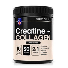 GN Creatine Monohydrate and Hydrolysed Bovine Collagen Peptides Powder, Unflavoured, 5g Creatine + 5g Collagen per Serving, 30 Servings, for Strength, Recovery and Joint Support