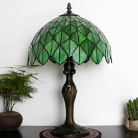LUSTIX Tiffany Lamp Stained Glass Table Lamp 12 x 19” Green Maple Leaf Style Decorative Lamp Bedside Reading Light for Desk Living Room Bedroom Office Study Light Home Decor Gift