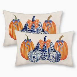 Fall Pillow Covers 12 x 20 Inch Set of 2, Chinoiserie Blue and Orange Pumpkin Decorative Throw Pillow Covers Outdoor Farmhouse Autumn Thanksgiving Pillowcase Linen for Home Couch Sofa